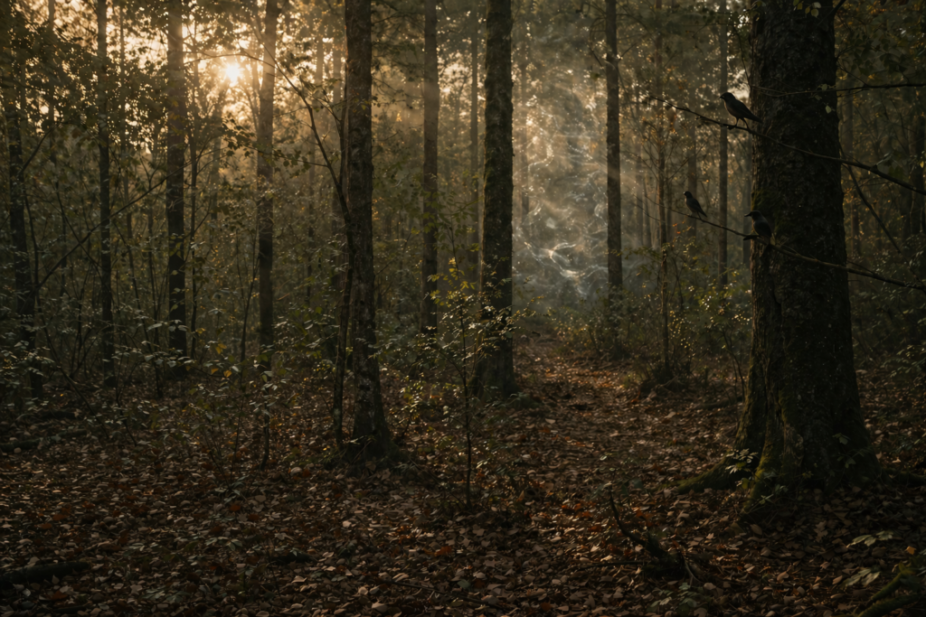 Misty woodland path at sunset



