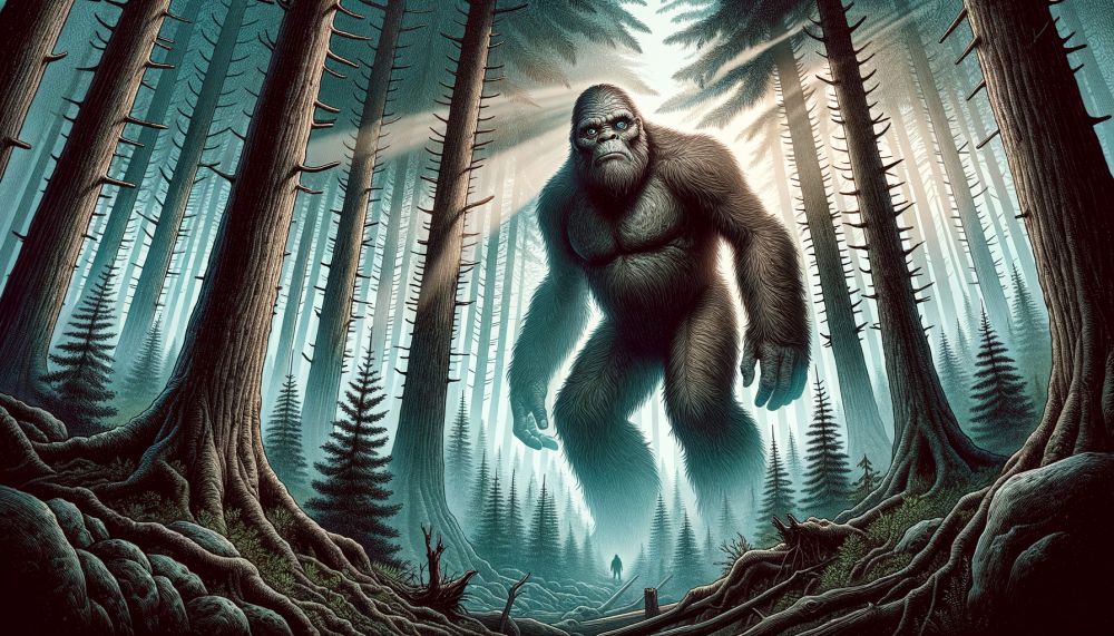Bigfoot mystery in the forest — unknown creature walking in the shadows