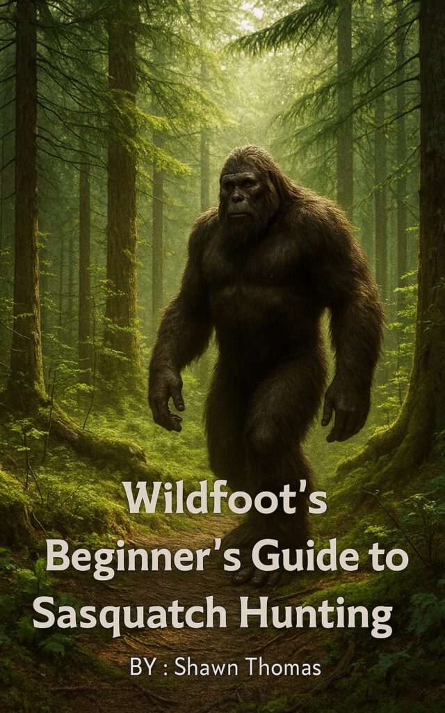 Book cover for Wildfoot’s Beginner’s Guide to Sasquatch Hunting by Shawn Thomas, featuring a Sasquatch walking through a dense green forest. Title