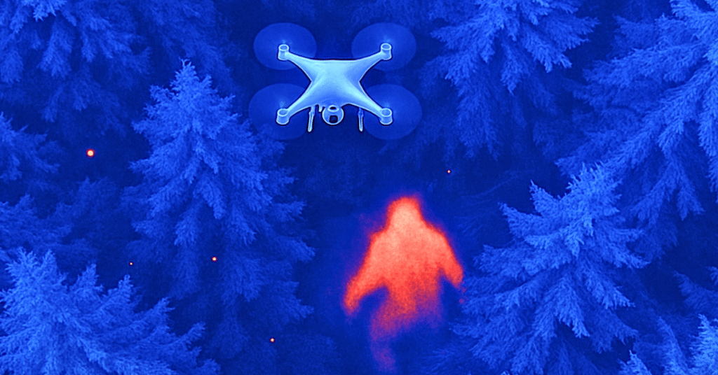 This is a visual illustration showing how thermal imaging collapses under forest canopy — not real footage.