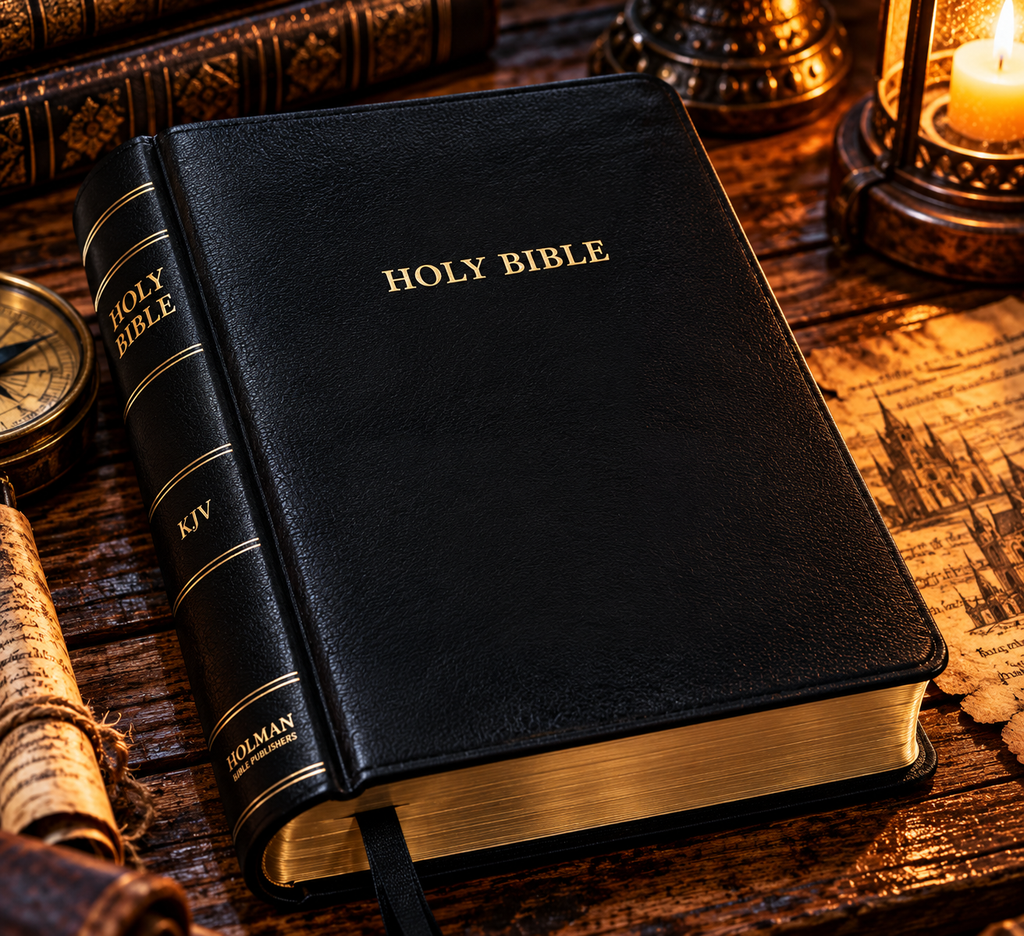 Candlelit Holy Bible in an Antique Study