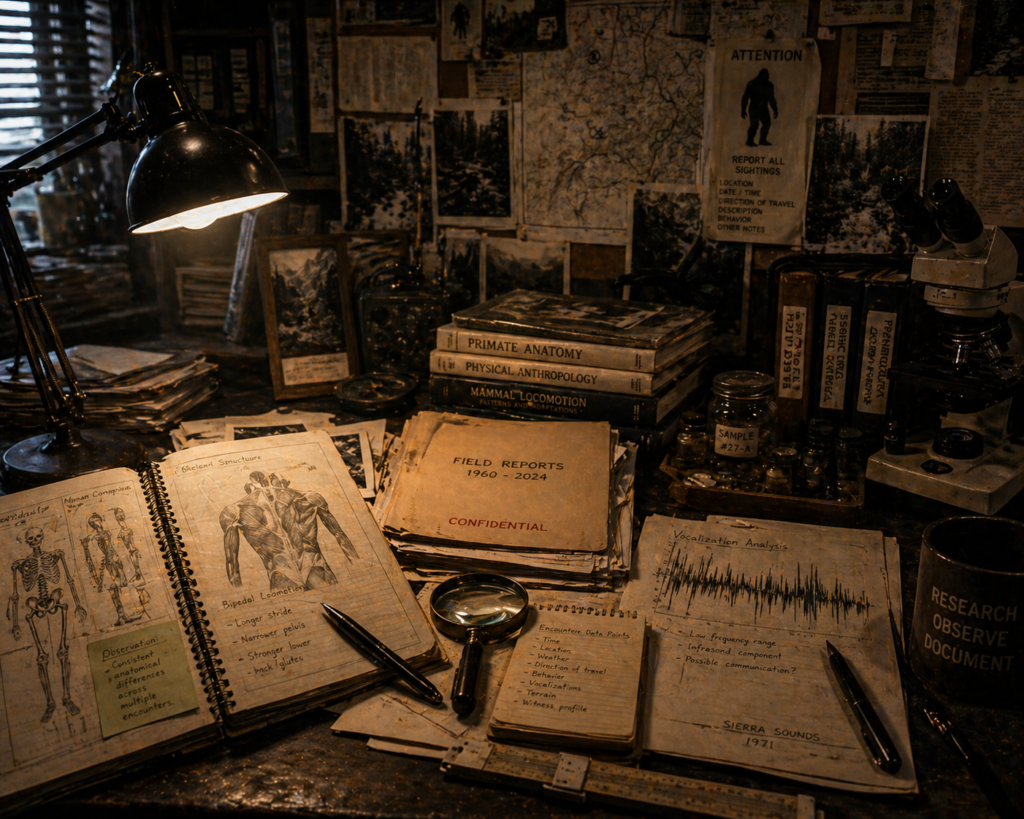 Cryptid research workspace in dim light