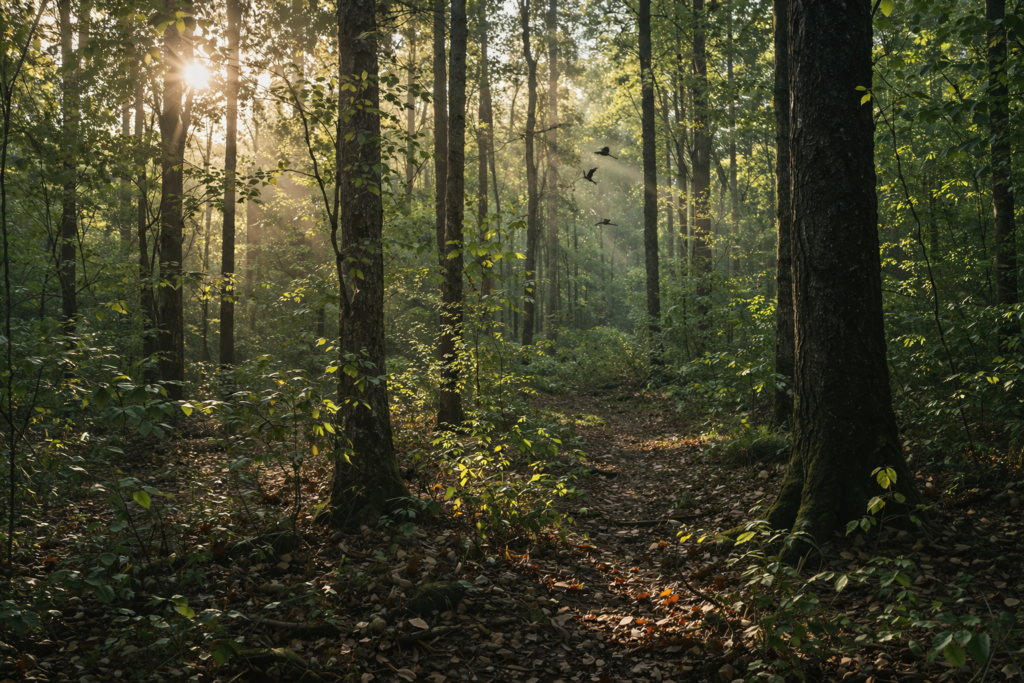 Sunlit woodland path with misty rays


